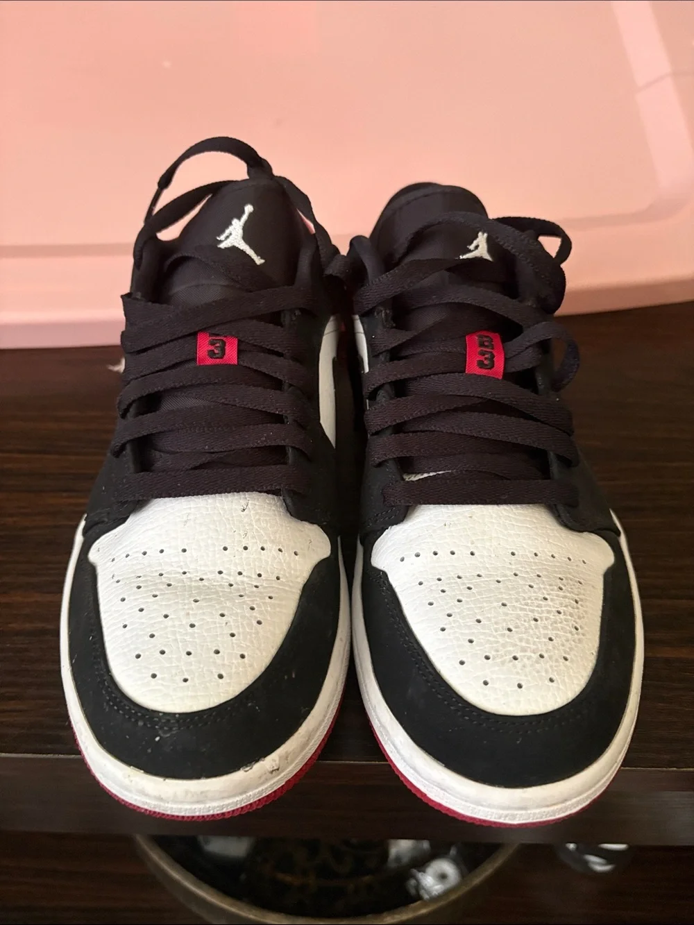Men’s Jordan Low-Top Sneakers in Black, White & Red Accent